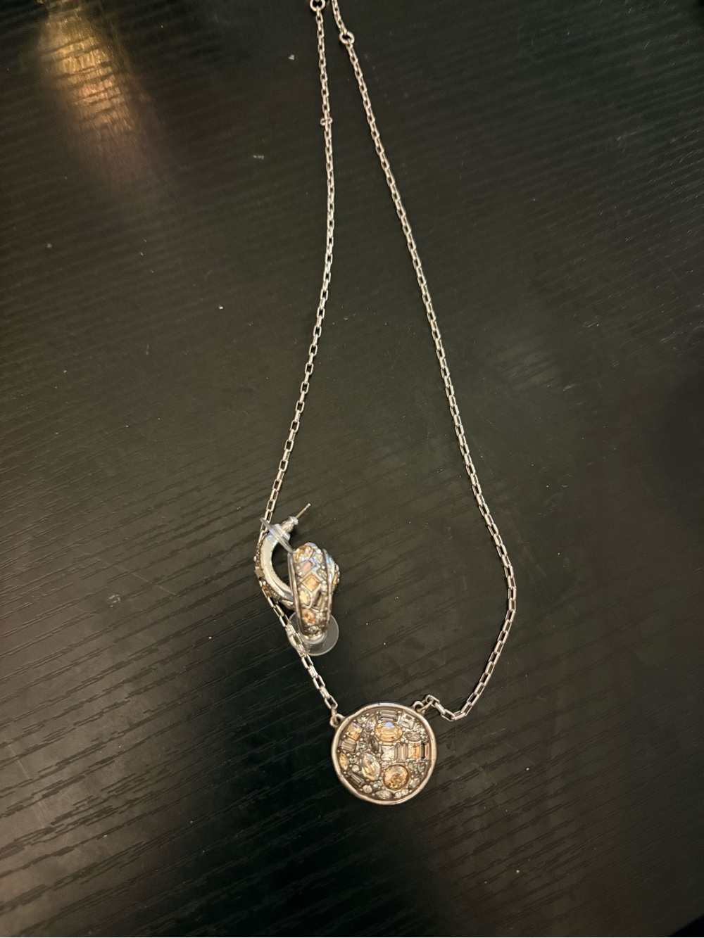 Silver-Tone Round Crystal Pendant Necklace and Earring Set - Champagne Accents